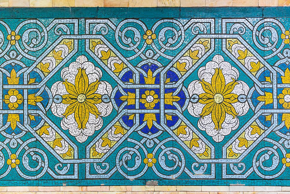 Tashkent, Uzbekistan, Central Asia. Decorative tile work in a Tashkent subway station.